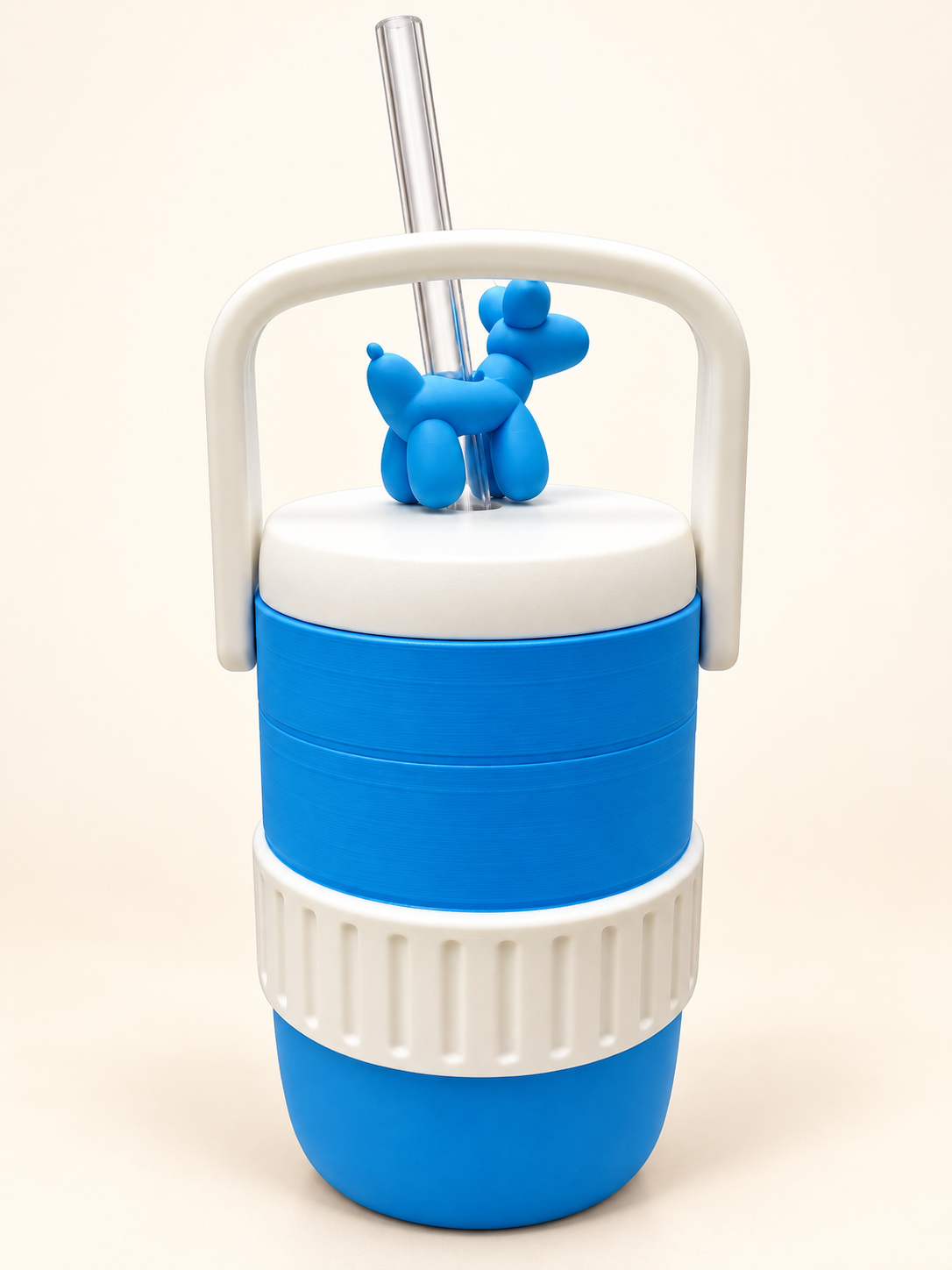 Back view of blue and white custom can cooler on warm cream background; dog topper shown as an example
