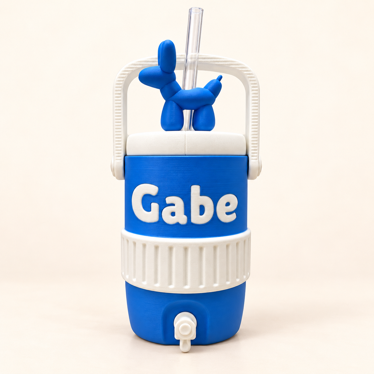 Blue and white custom can cooler with Gabe on the front, warm cream background; dog topper shown as an example