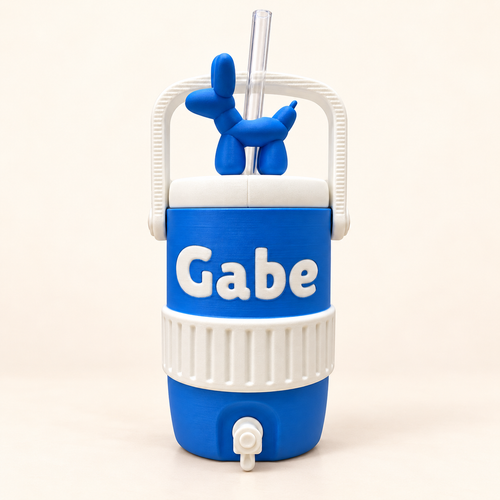 Blue and white custom can cooler with Gabe on the front, warm cream background; dog topper shown as an example