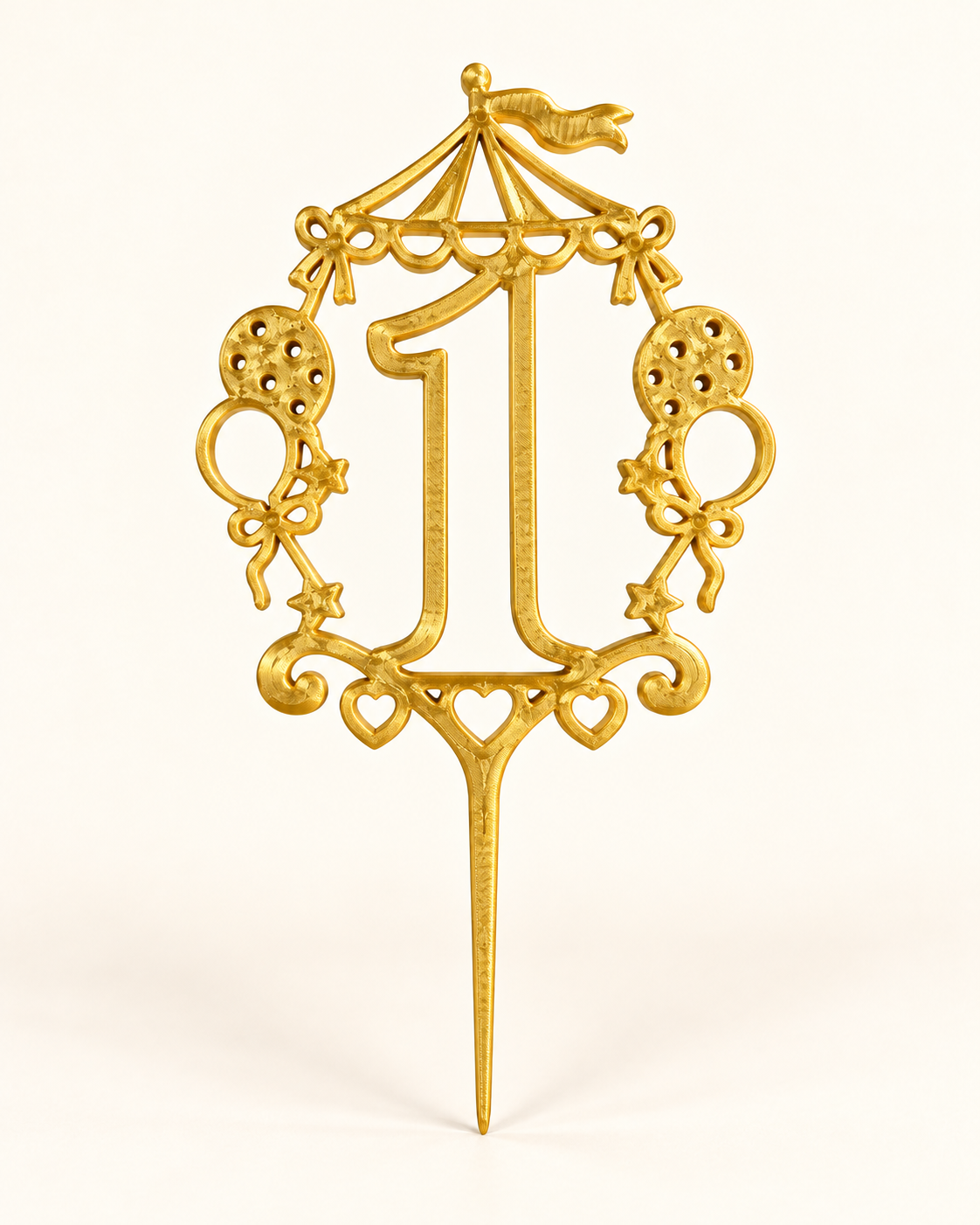 Gold number 1 cupcake topper with carnival details on a cream background