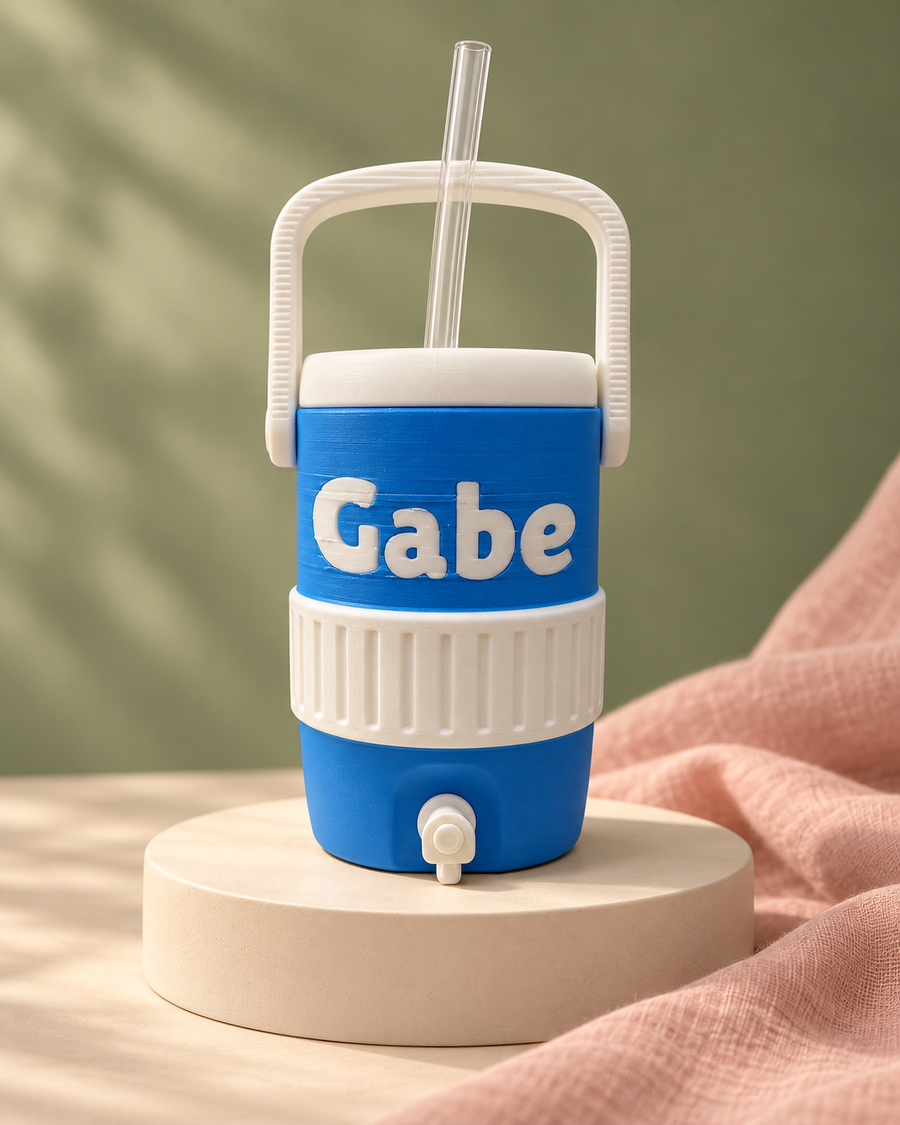 Blue and white Gabe personalized can cooler with reusable straw