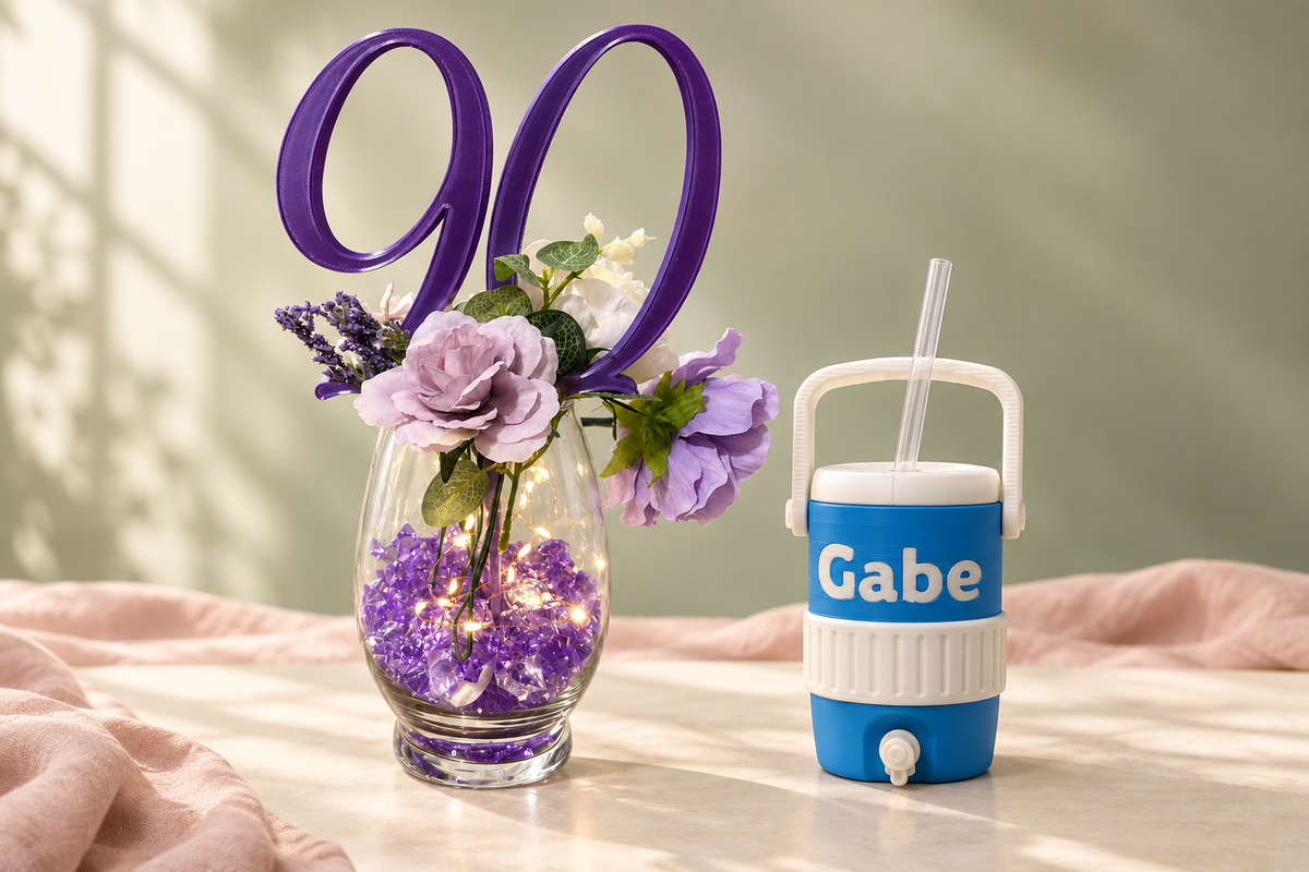 Purple floral centerpiece pick and personalized blue can cooler