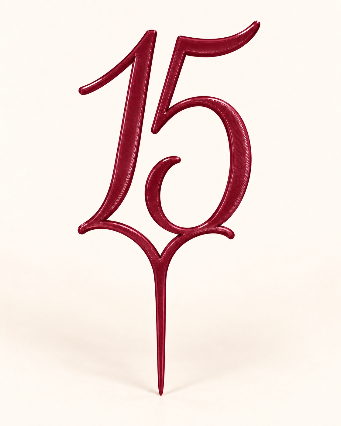 Digital mockup of number 15 centerpiece pick in burgundy red, cream background