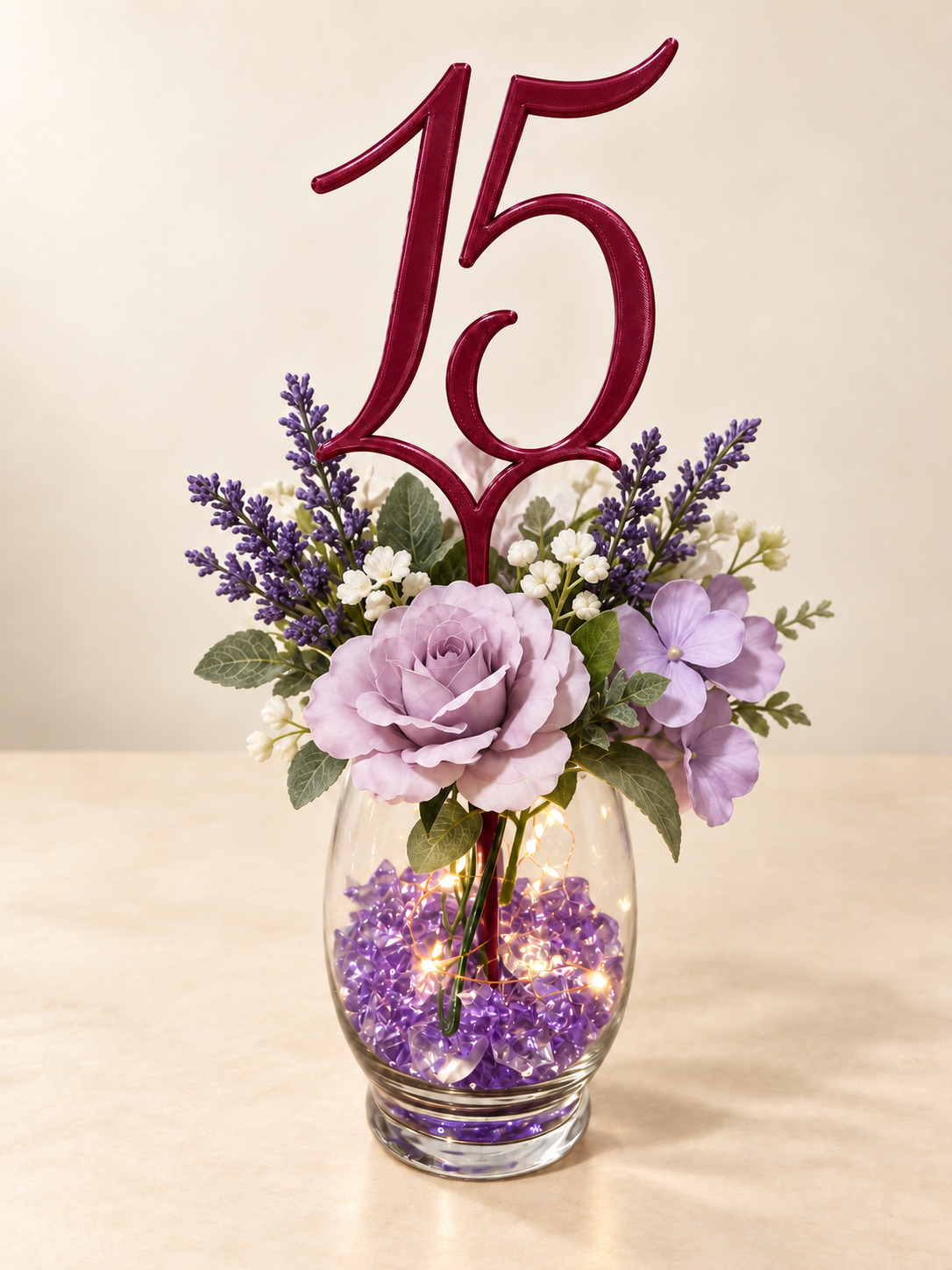 Digital mockup of number 15 centerpiece pick in burgundy red, floral display; props not included