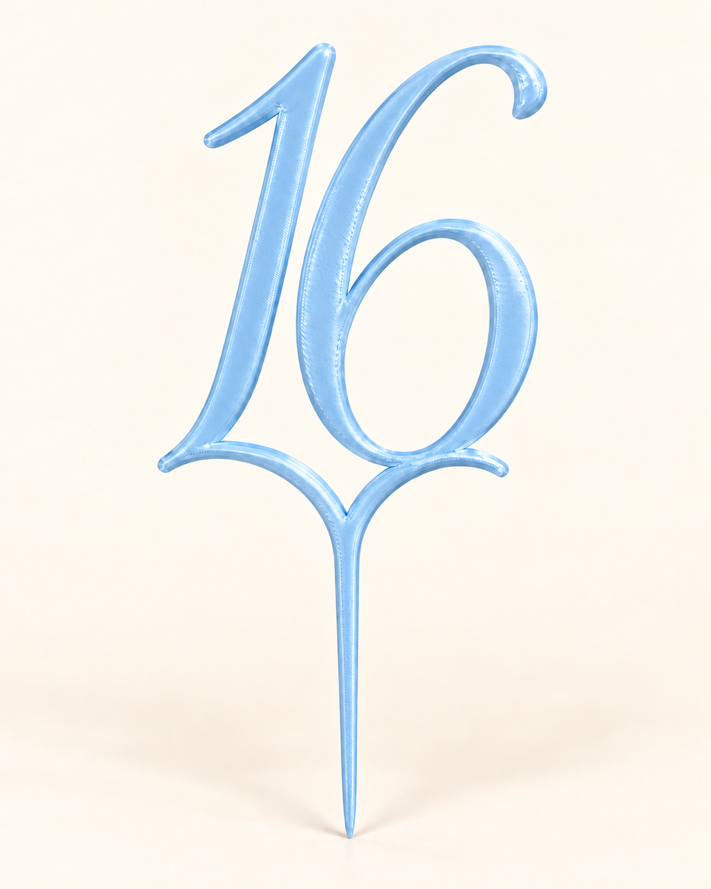 Digital mockup of number 16 centerpiece pick in light blue, cream background
