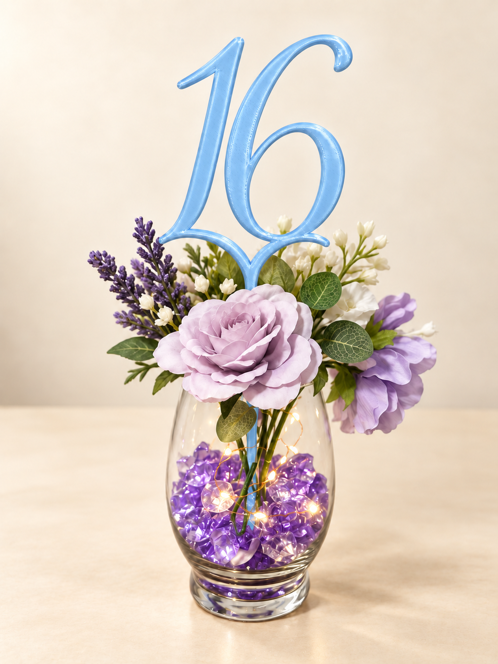 Digital mockup of number 16 centerpiece pick in light blue, floral display; props not included