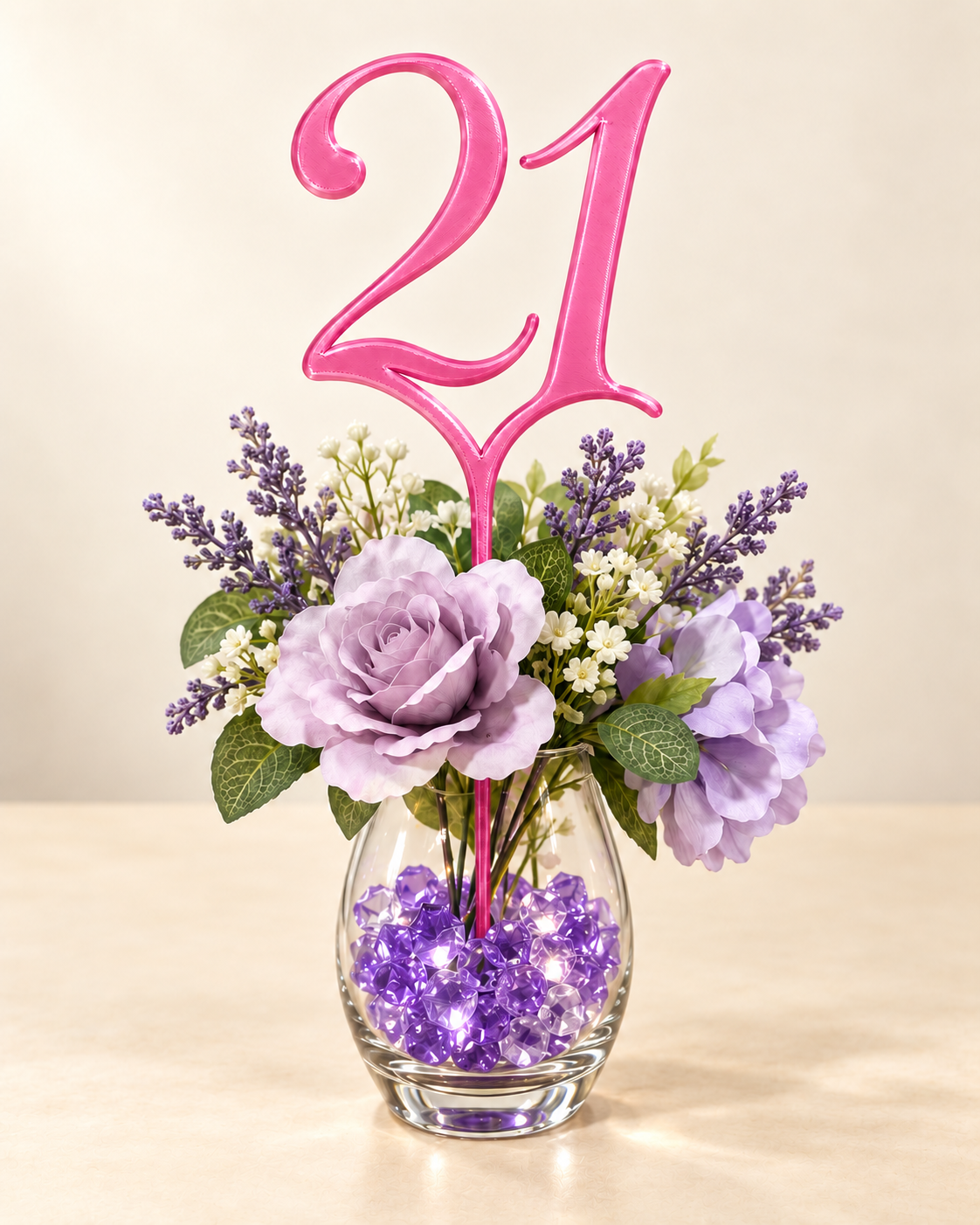 Digital mockup of number 21 centerpiece pick in pink, floral display; props not included