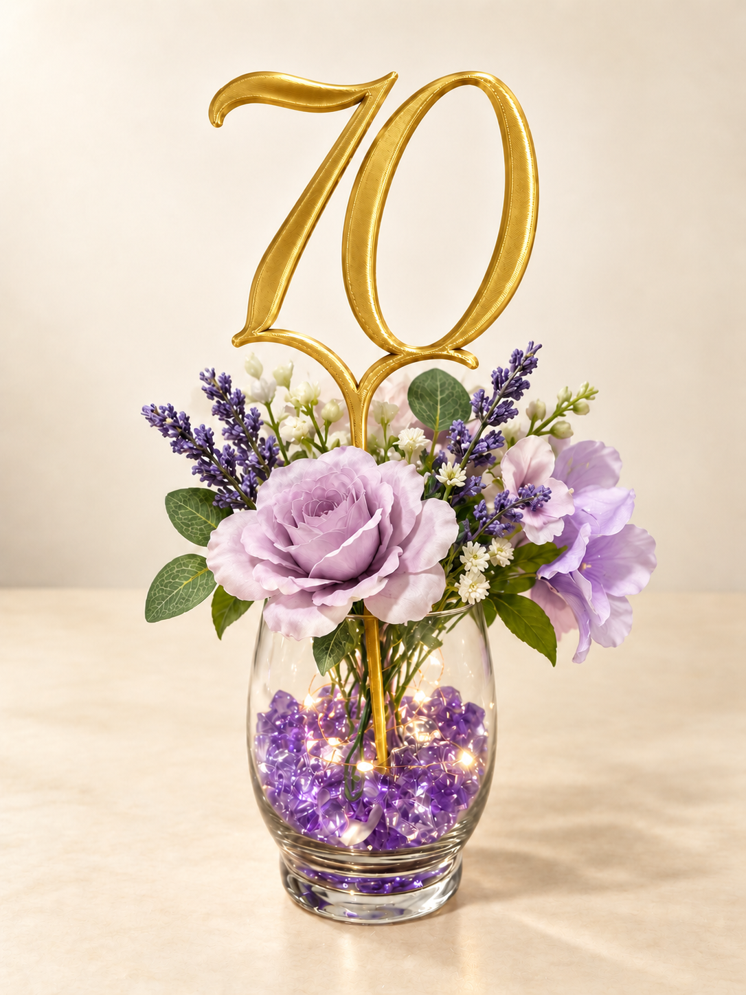 Digital mockup of number 70 centerpiece pick in gold, floral display; props not included