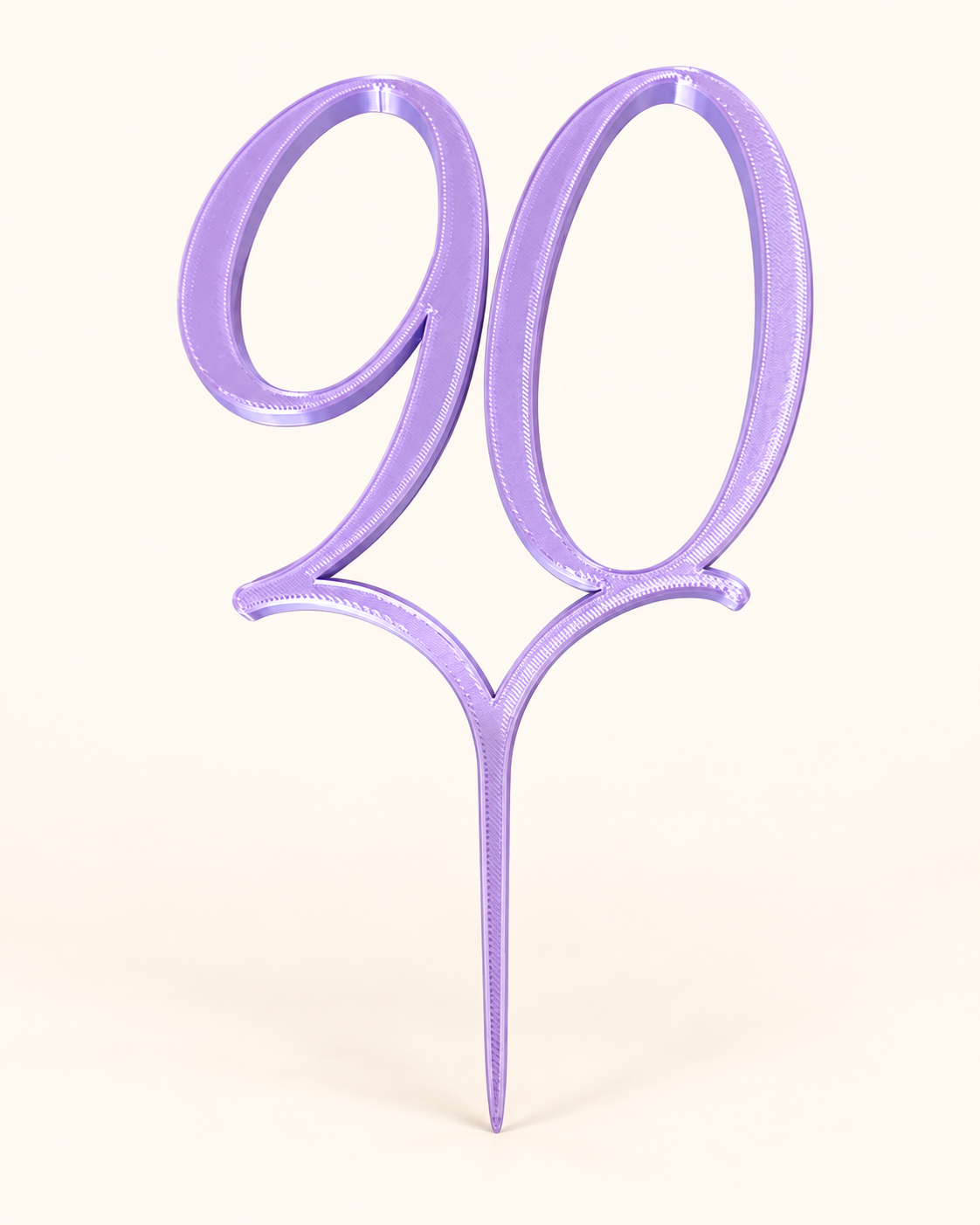 Purple custom number 90 centerpiece pick on a cream background