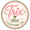 Trix Custom Co circular logo in pink and olive